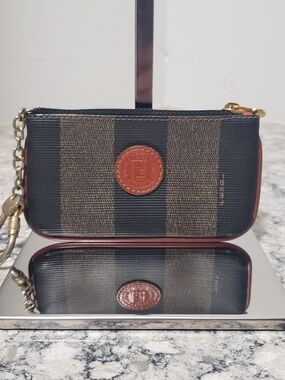 Fendi Pequin Logo Leather Card Key Coin Pouch Keychain